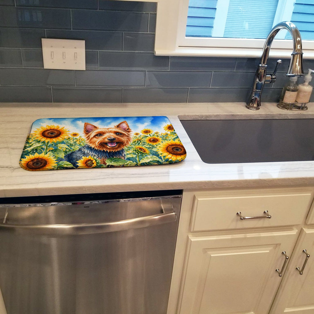 Australian Terrier in Sunflowers Dish Drying Mat Absorbent Dish Drying Mat Pad for Kitchen Counter Dish Drainer Mat for Countertop, 14 x 21", Multicolor