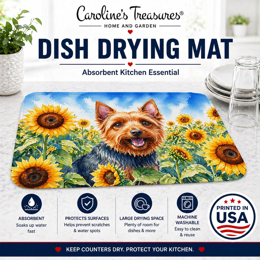 Australian Terrier in Sunflowers Dish Drying Mat Absorbent Dish Drying Mat Pad for Kitchen Counter Dish Drainer Mat for Countertop, 14 x 21", Multicolor