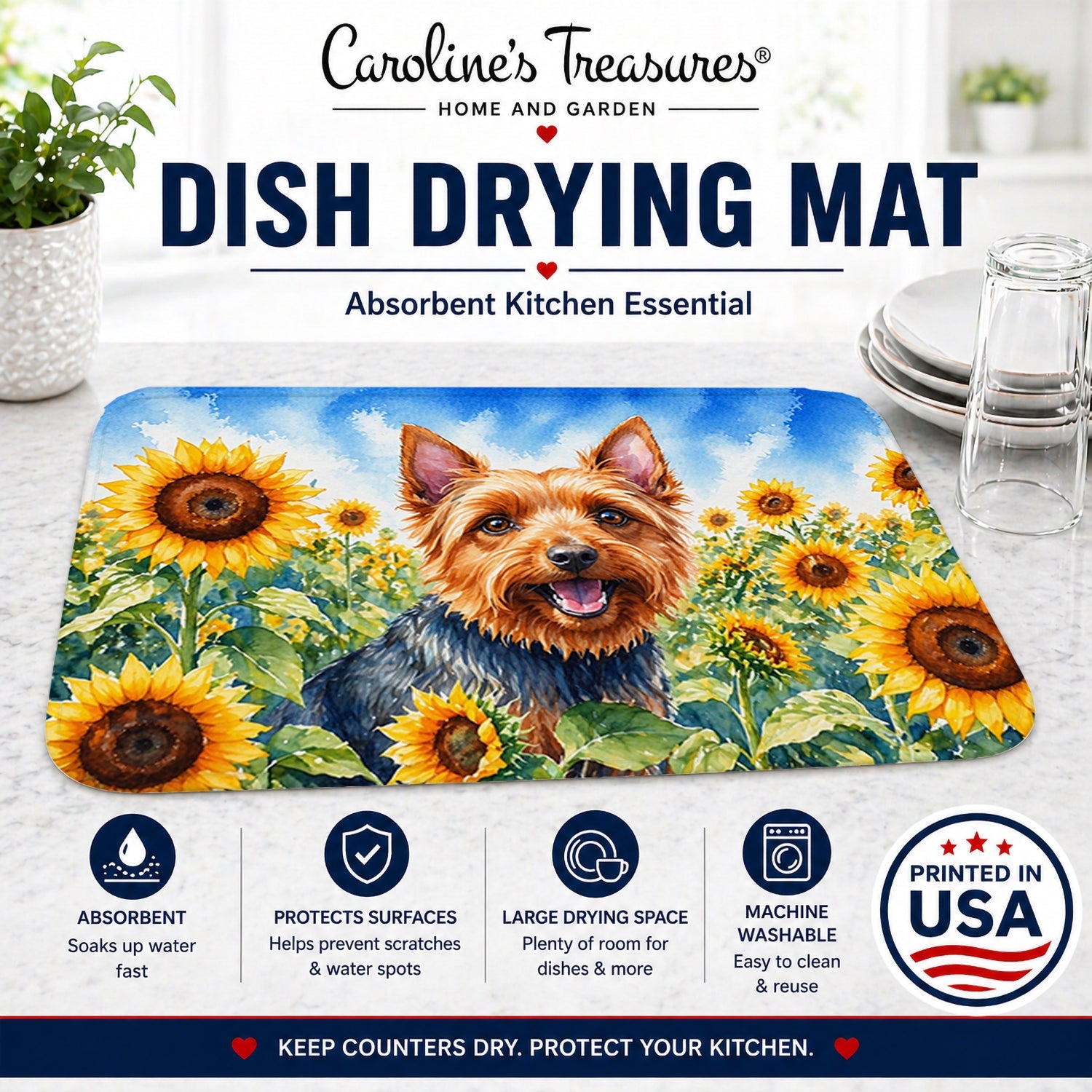 Australian Terrier in Sunflowers Dish Drying Mat Absorbent Dish Drying Mat Pad for Kitchen Counter Dish Drainer Mat for Countertop, 14 x 21", Multicolor