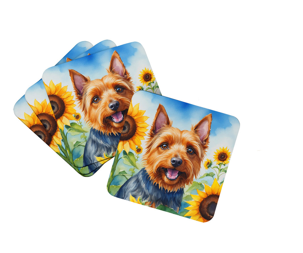 Australian Terrier in Sunflowers Foam Coasters Set of 4 Cup Coasters for Indoor Outdoor, Tabletop Protection, Anti Slip, Mouse pad Material