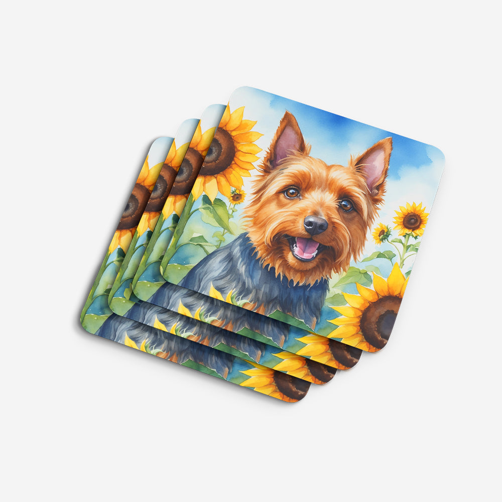 Australian Terrier in Sunflowers Foam Coasters Set of 4 Cup Coasters for Indoor Outdoor, Tabletop Protection, Anti Slip, Mouse pad Material