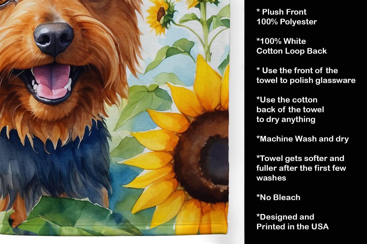 Australian Terrier in Sunflowers Kitchen Towel Velour Plush Front and Cotton Loop Back Machine Washable