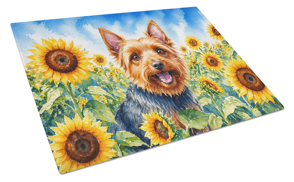 Australian Terrier in Sunflowers Cutting Board Tempered Glass Kitchen Cutting Surface, Heat Resistant Chopping Board with Non-Slip Feet, Decorative Food Prep & Serving