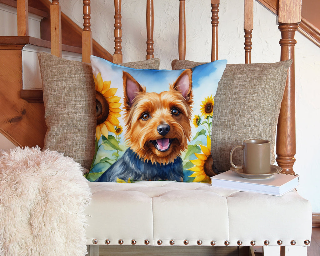 Australian Terrier in Sunflowers Decorative Throw Pillow 14x14 Indoor Outdoor Accent Cushion, Fabric Cover with Insert for Sofa, Bed, Porch & Living Room