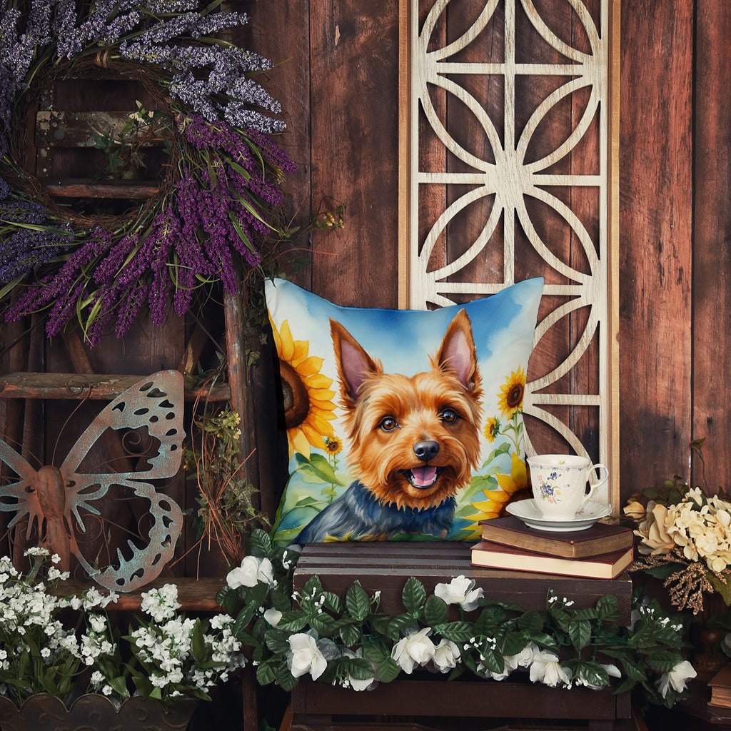 Australian Terrier in Sunflowers Decorative Throw Pillow 14x14 Indoor Outdoor Accent Cushion, Fabric Cover with Insert for Sofa, Bed, Porch & Living Room