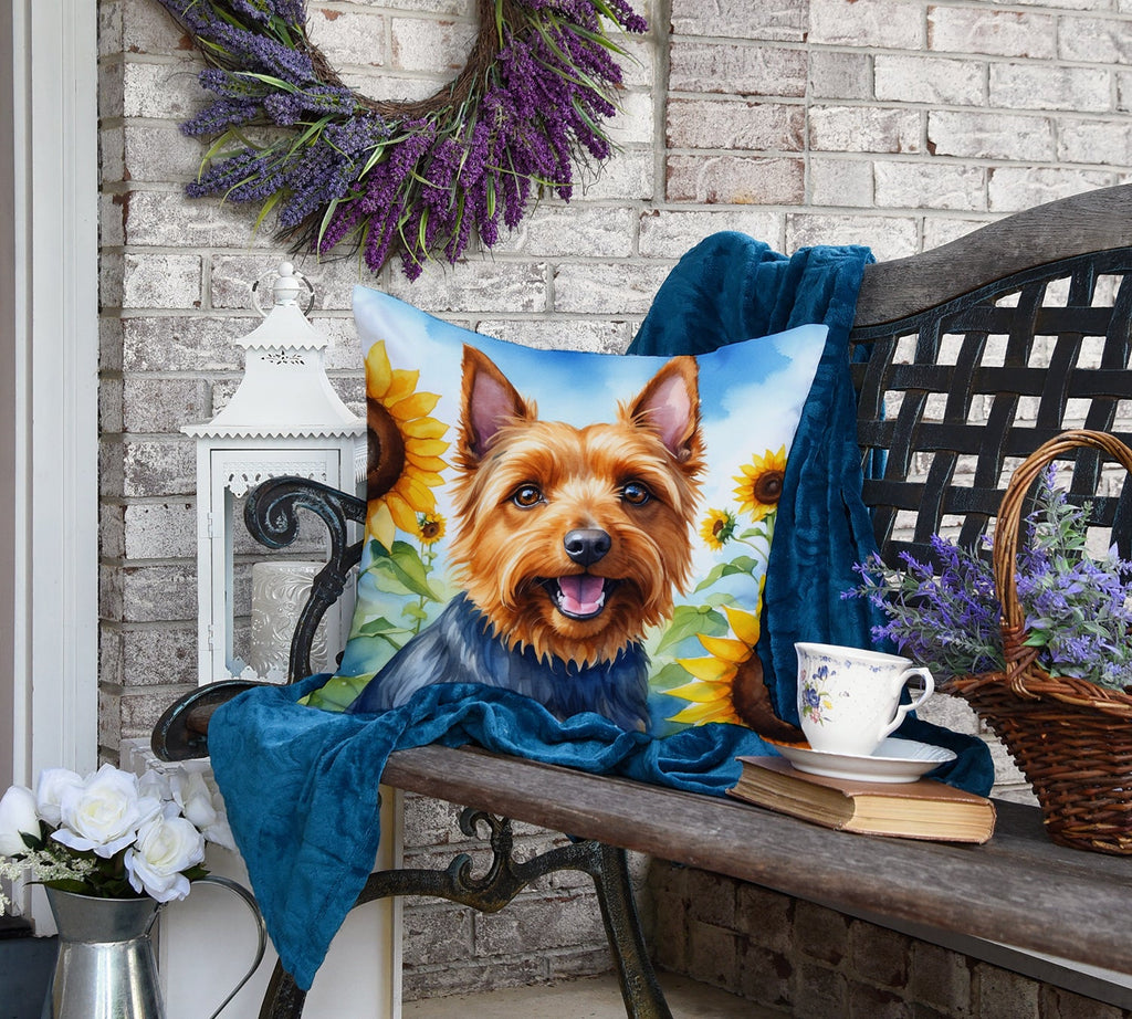 Australian Terrier in Sunflowers Decorative Throw Pillow 18x18 Indoor Outdoor Accent Cushion, Fabric Cover with Insert for Sofa, Bed, Porch & Living Room