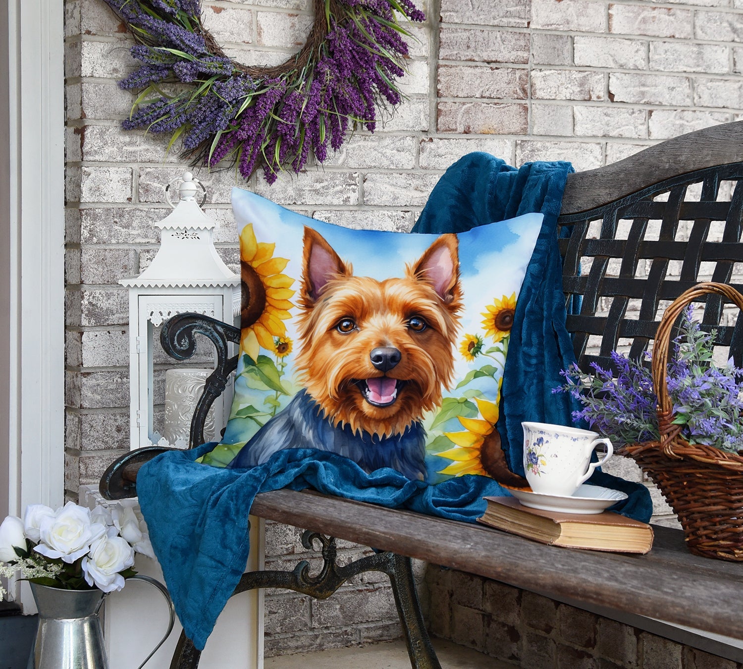 Australian Terrier in Sunflowers Decorative Throw Pillow 18x18 Indoor Outdoor Accent Cushion, Fabric Cover with Insert for Sofa, Bed, Porch & Living Room