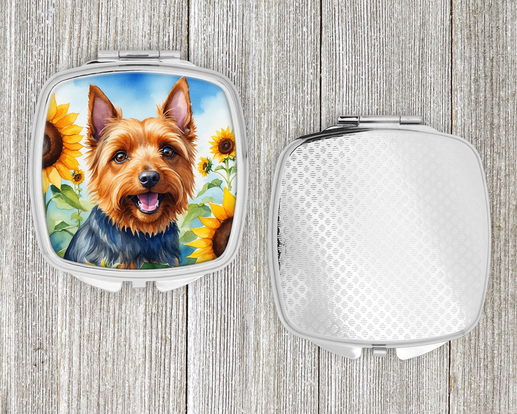 Australian Terrier in Sunflowers Compact Mirror Decorative Travel Makeup Mirror for Women Girls Gifts Pocket Makeup Mirror Folding Handheld