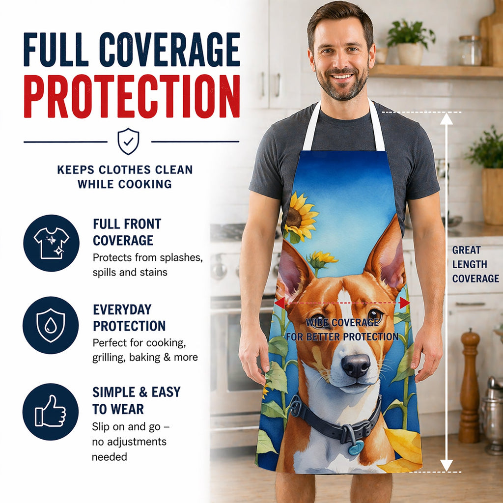 Basenji in Sunflowers Apron Cooking Kitchen Server Baking Crafts Gardening for Adult Women Men, Unisex, Large, Multicolor