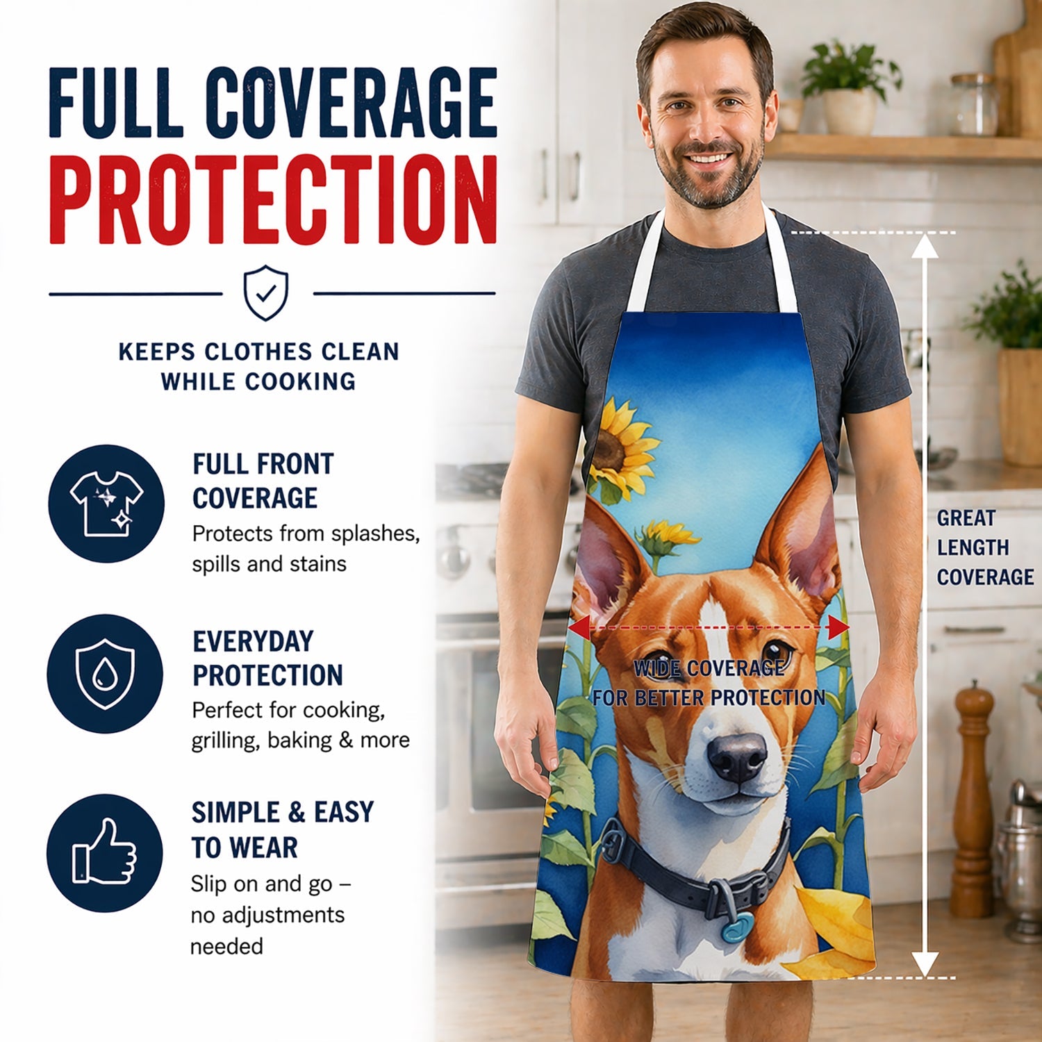 Basenji in Sunflowers Apron Cooking Kitchen Server Baking Crafts Gardening for Adult Women Men, Unisex, Large, Multicolor