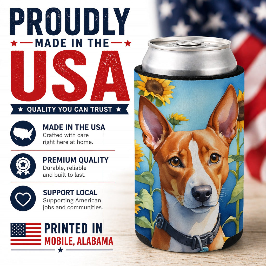 Basenji in Sunflowers Can or Bottle Hugger Cooler Sleeve for Standard 12 oz Cans, Insulated Foam Beer & Soda Can Hugger Reusable