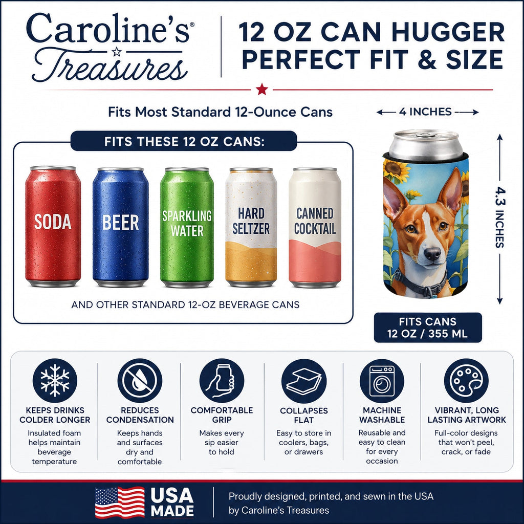 Basenji in Sunflowers Can or Bottle Hugger Cooler Sleeve for Standard 12 oz Cans, Insulated Foam Beer & Soda Can Hugger Reusable