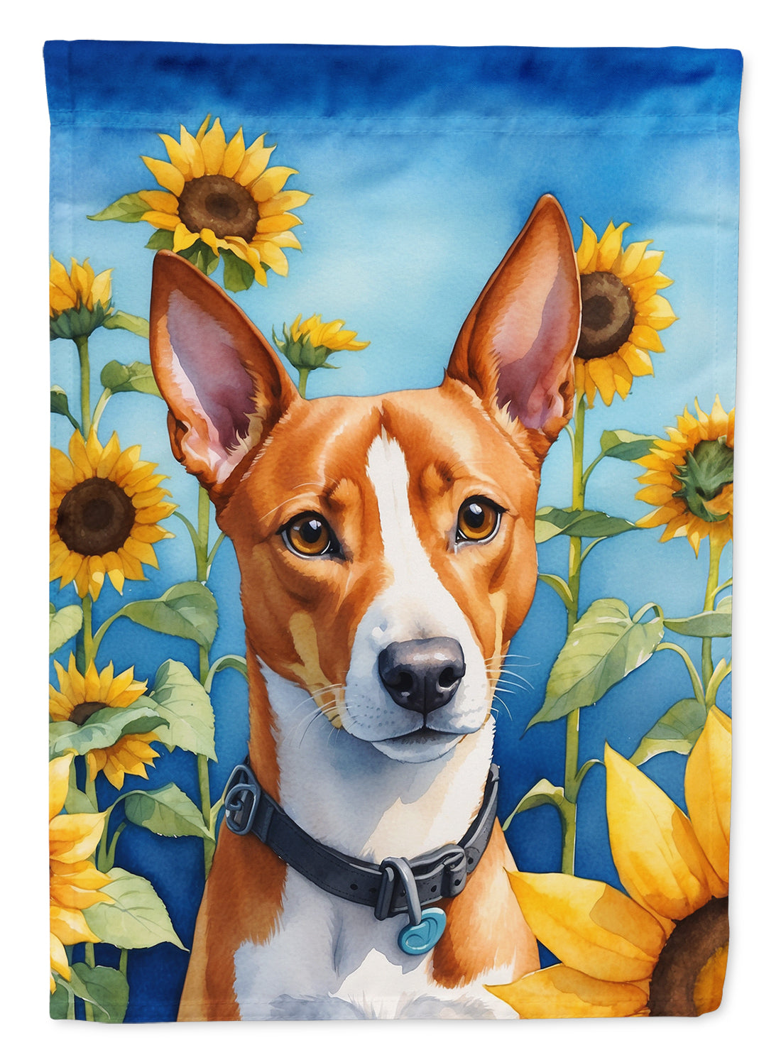 Basenji in Sunflowers House Flag 28x40 Porch Sleeve Pole Decorative Outside Yard Banner Artwork Wall Hanging, Polyester