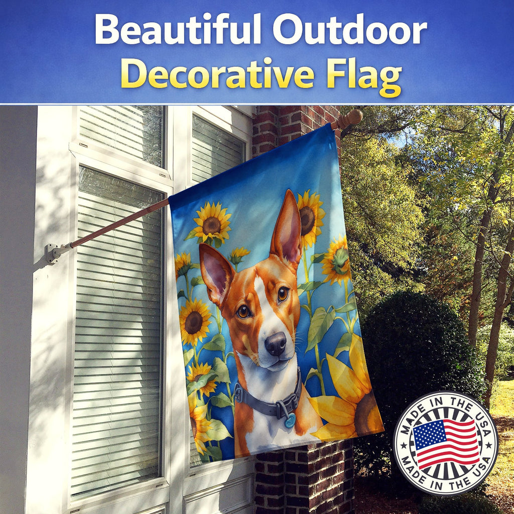 Basenji in Sunflowers House Flag 28x40 Porch Sleeve Pole Decorative Outside Yard Banner Artwork Wall Hanging, Polyester