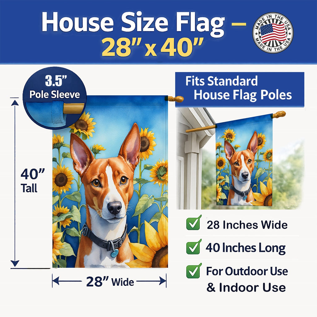 Basenji in Sunflowers House Flag 28x40 Porch Sleeve Pole Decorative Outside Yard Banner Artwork Wall Hanging, Polyester