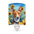Basenji in Sunflowers Ceramic Night Light Compact, UL-Certified, Ideal for Bedroom, Bathroom, Nursery, Hallway, Kitchen, 6x4x3, Multicolor