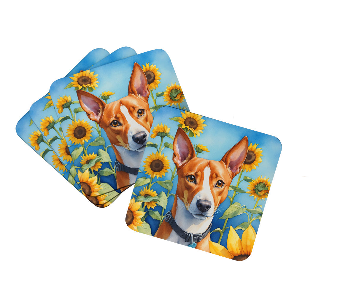 Basenji in Sunflowers Foam Coasters Set of 4 Cup Coasters for Indoor Outdoor, Tabletop Protection, Anti Slip, Mouse pad Material