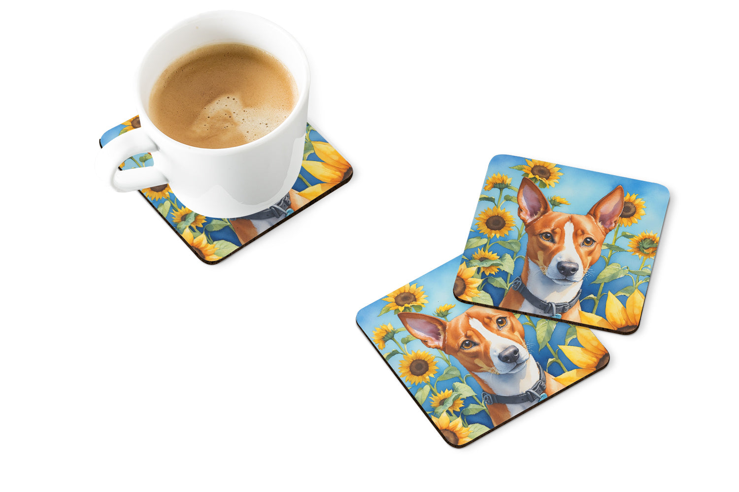 Basenji in Sunflowers Foam Coasters Set of 4 Cup Coasters for Indoor Outdoor, Tabletop Protection, Anti Slip, Mouse pad Material