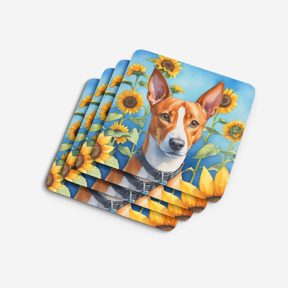 Basenji in Sunflowers Foam Coasters Set of 4 Cup Coasters for Indoor Outdoor, Tabletop Protection, Anti Slip, Mouse pad Material