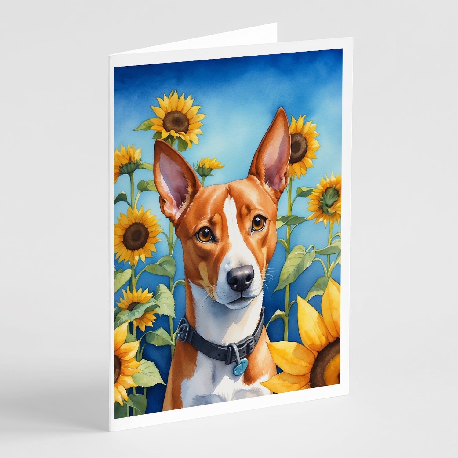 Basenji in Sunflowers Greeting Cards Pack of 8 Blank Cards with Envelopes Whimsical A7 Size 5x7