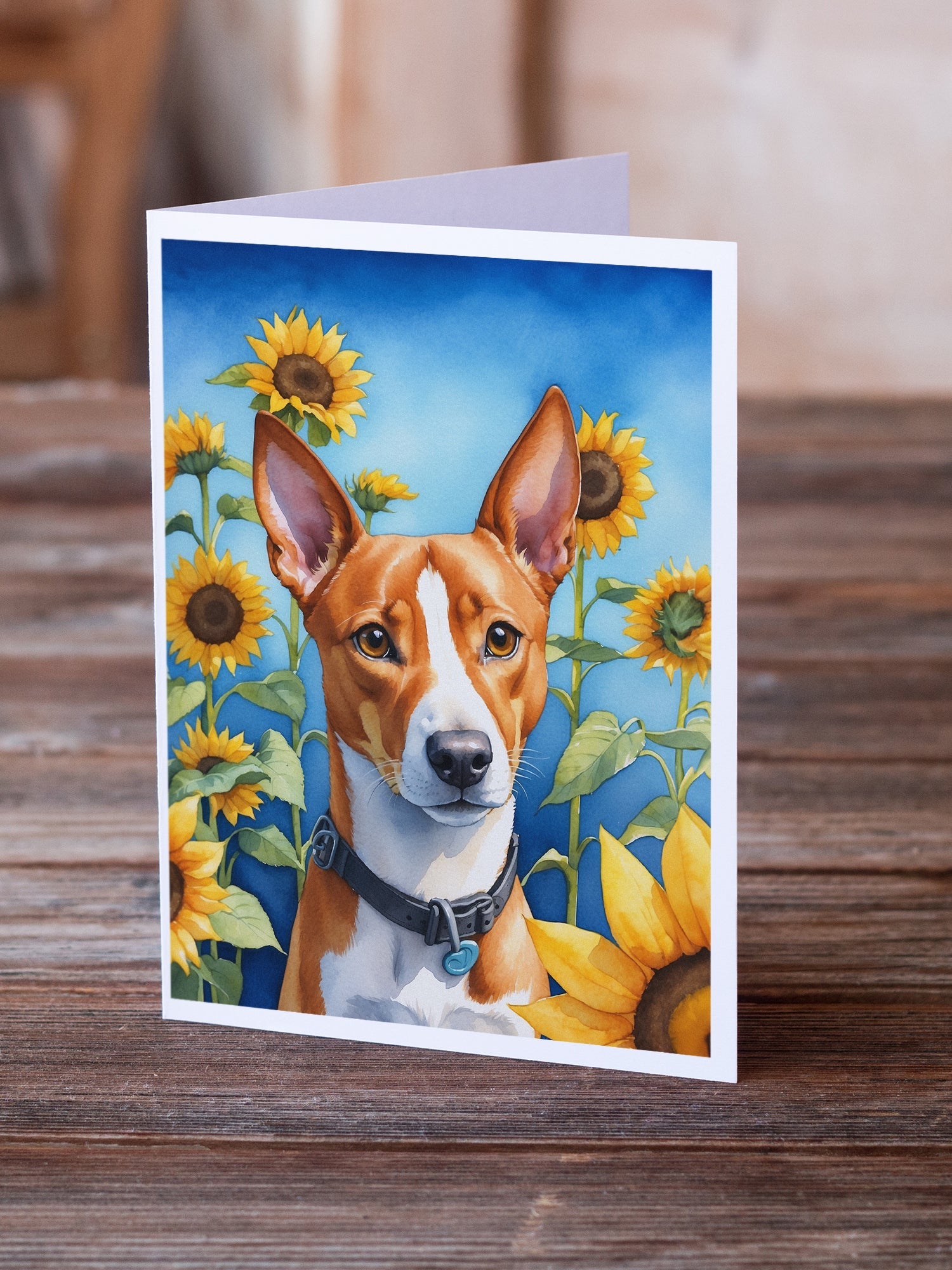 Basenji in Sunflowers Greeting Cards Pack of 8 Blank Cards with Envelopes Whimsical A7 Size 5x7