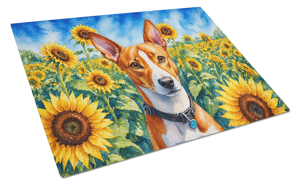 Basenji in Sunflowers Cutting Board Tempered Glass Kitchen Cutting Surface, Heat Resistant Chopping Board with Non-Slip Feet, Decorative Food Prep & Serving