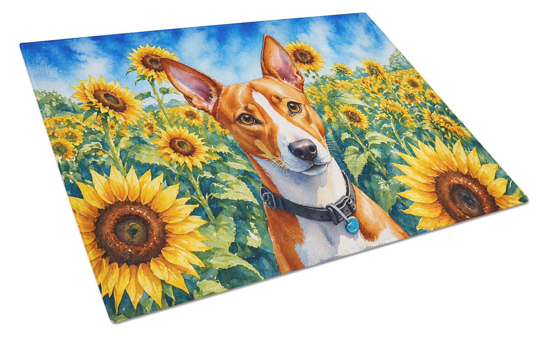Basenji in Sunflowers Cutting Board Tempered Glass Kitchen Cutting Surface, Heat Resistant Chopping Board with Non-Slip Feet, Decorative Food Prep & Serving