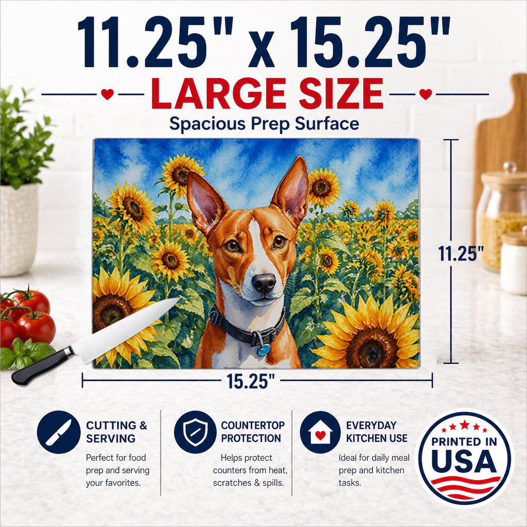 Basenji in Sunflowers Cutting Board Tempered Glass Kitchen Cutting Surface, Heat Resistant Chopping Board with Non-Slip Feet, Decorative Food Prep & Serving