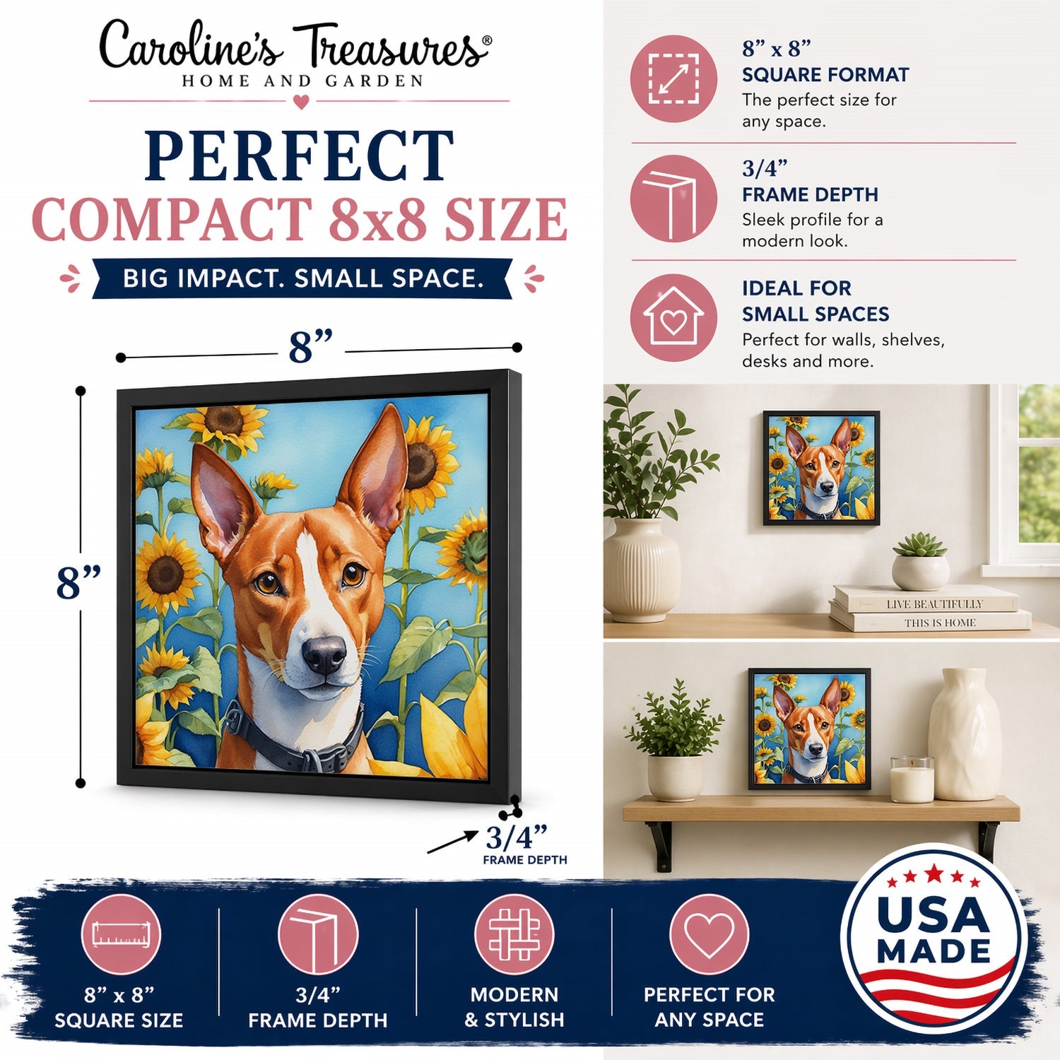 Basenji in Sunflowers Framed Metal Print Bathroom, Kitchen, Office, Home Decor Wall Art Ready to Hang, Square, 8X8