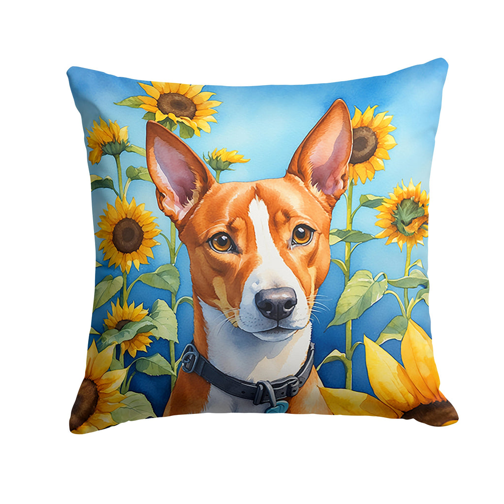 Basenji in Sunflowers Decorative Throw Pillow 14x14 Indoor Outdoor Accent Cushion, Fabric Cover with Insert for Sofa, Bed, Porch & Living Room
