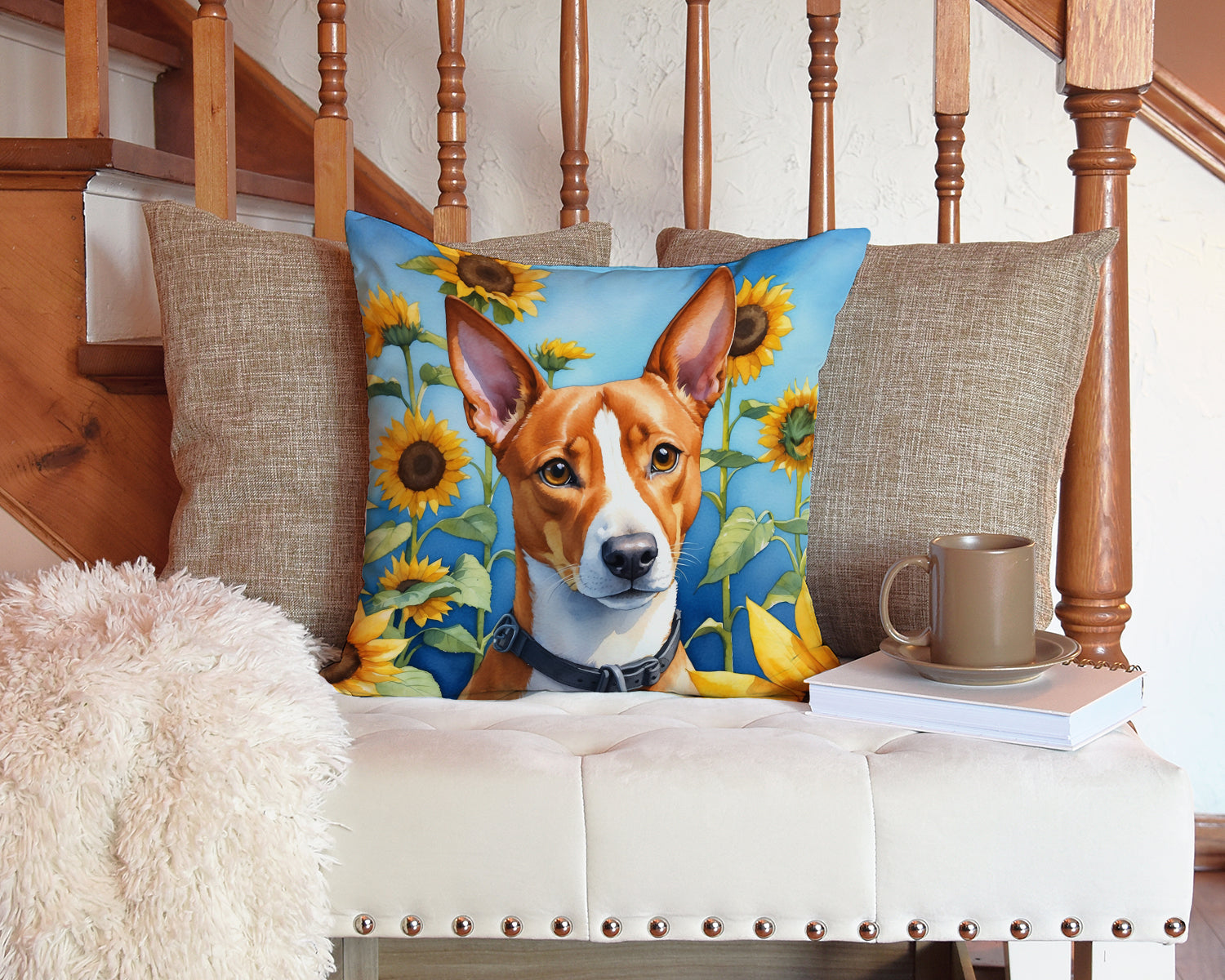 Basenji in Sunflowers Decorative Throw Pillow 14x14 Indoor Outdoor Accent Cushion, Fabric Cover with Insert for Sofa, Bed, Porch & Living Room