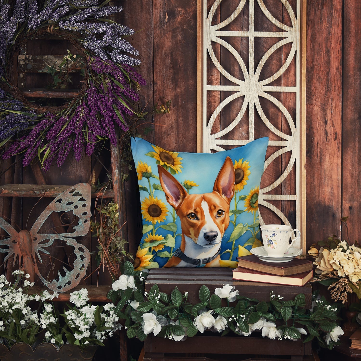 Basenji in Sunflowers Decorative Throw Pillow 14x14 Indoor Outdoor Accent Cushion, Fabric Cover with Insert for Sofa, Bed, Porch & Living Room