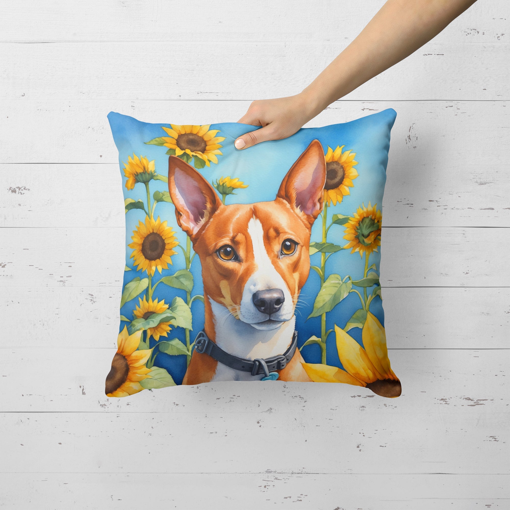 Basenji in Sunflowers Decorative Throw Pillow 18x18 Indoor Outdoor Accent Cushion, Fabric Cover with Insert for Sofa, Bed, Porch & Living Room