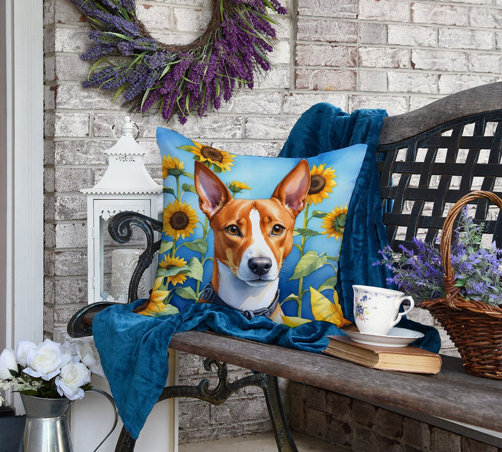 Basenji in Sunflowers Decorative Throw Pillow 18x18 Indoor Outdoor Accent Cushion, Fabric Cover with Insert for Sofa, Bed, Porch & Living Room