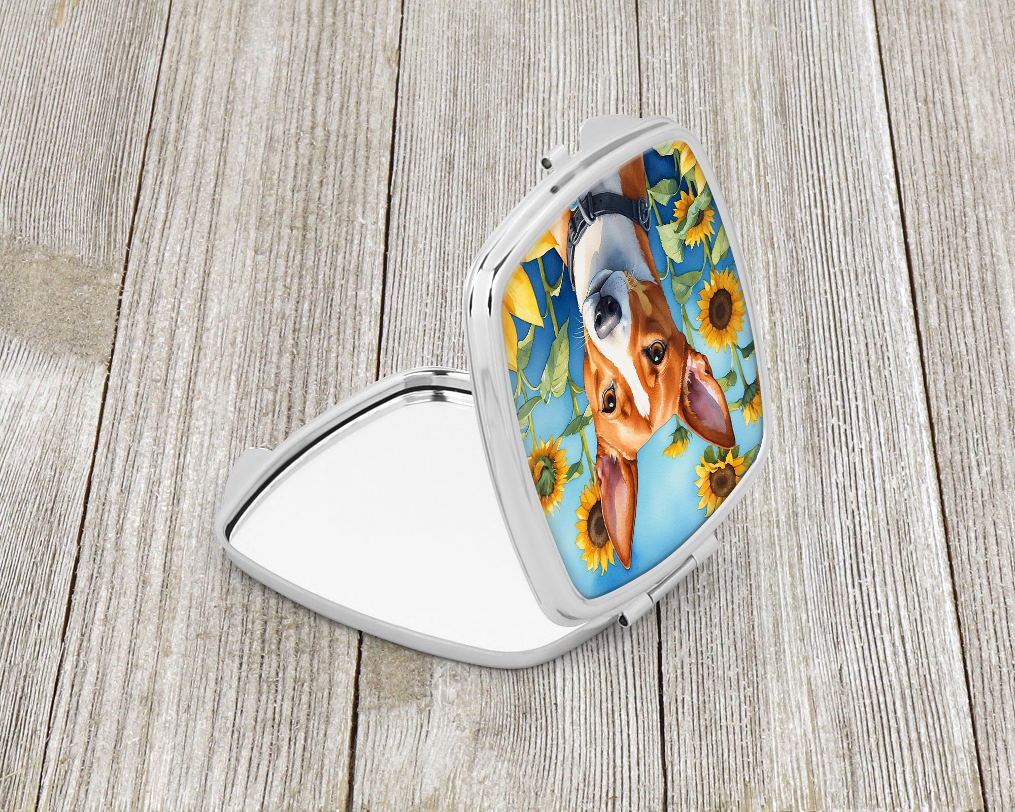 Basenji in Sunflowers Compact Mirror Decorative Travel Makeup Mirror for Women Girls Gifts Pocket Makeup Mirror Folding Handheld