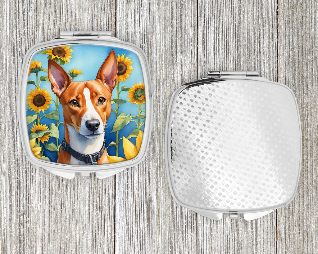 Basenji in Sunflowers Compact Mirror Decorative Travel Makeup Mirror for Women Girls Gifts Pocket Makeup Mirror Folding Handheld