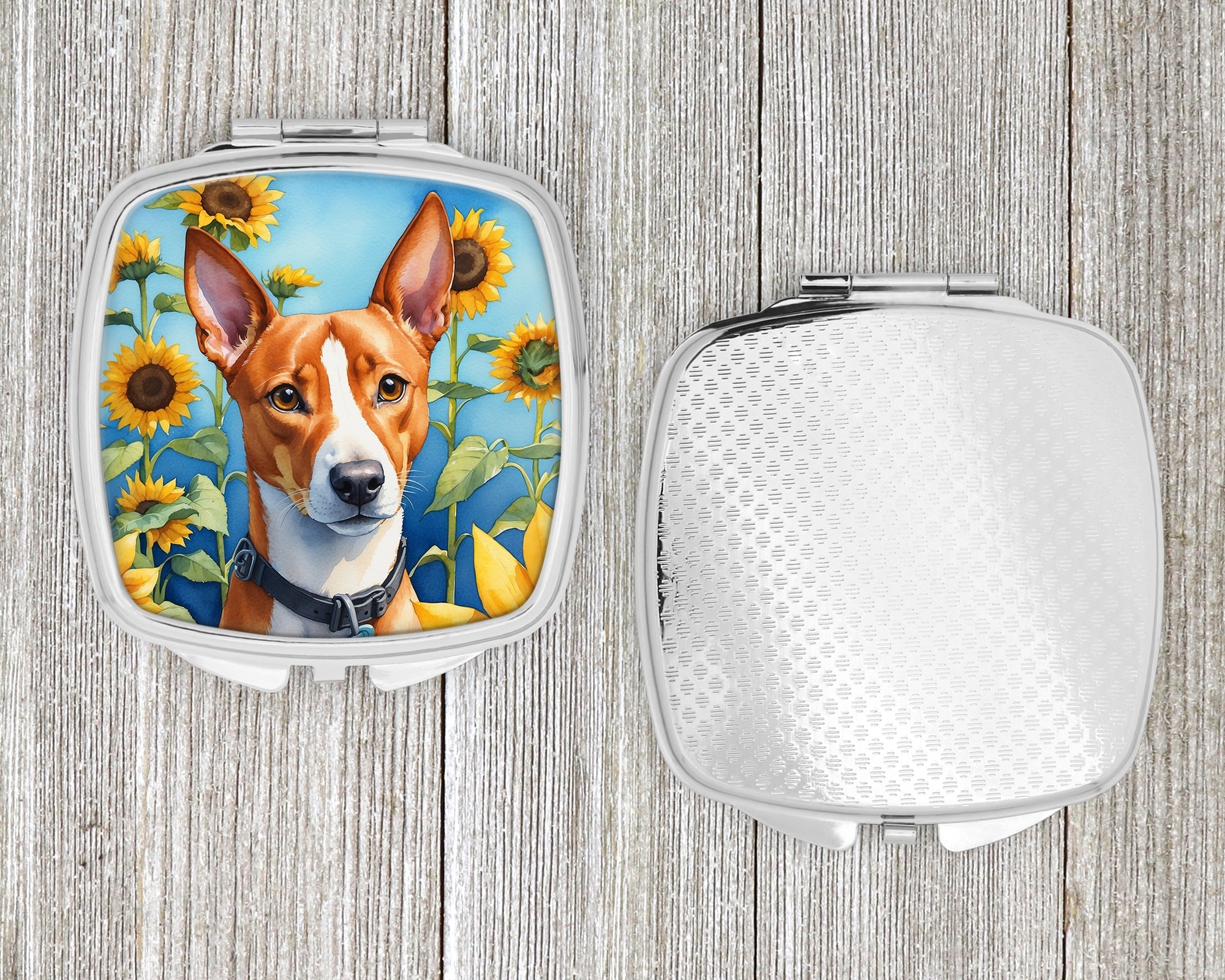 Basenji in Sunflowers Compact Mirror Decorative Travel Makeup Mirror for Women Girls Gifts Pocket Makeup Mirror Folding Handheld