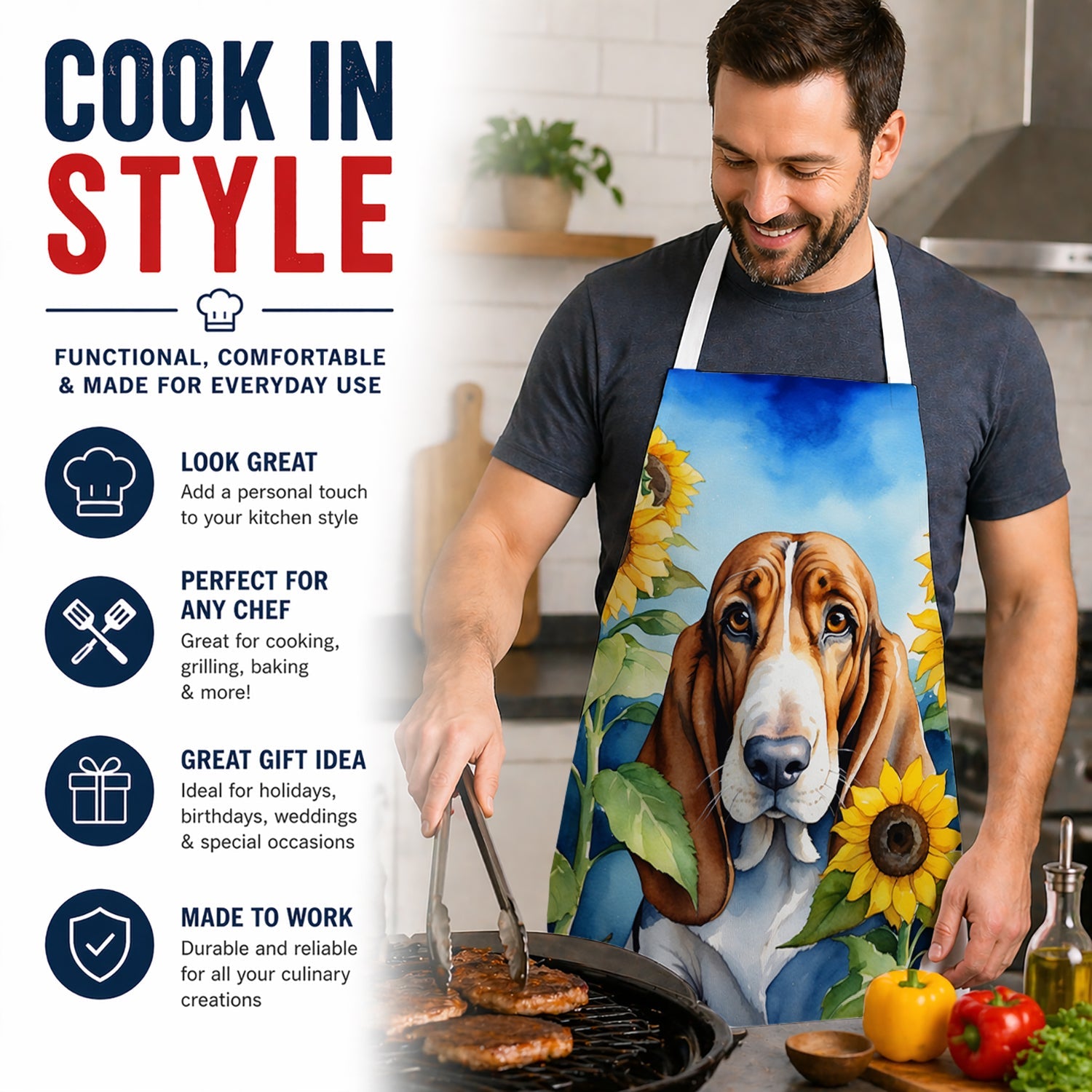 Basset Hound in Sunflowers Apron Cooking Kitchen Server Baking Crafts Gardening for Adult Women Men, Unisex, Large, Multicolor