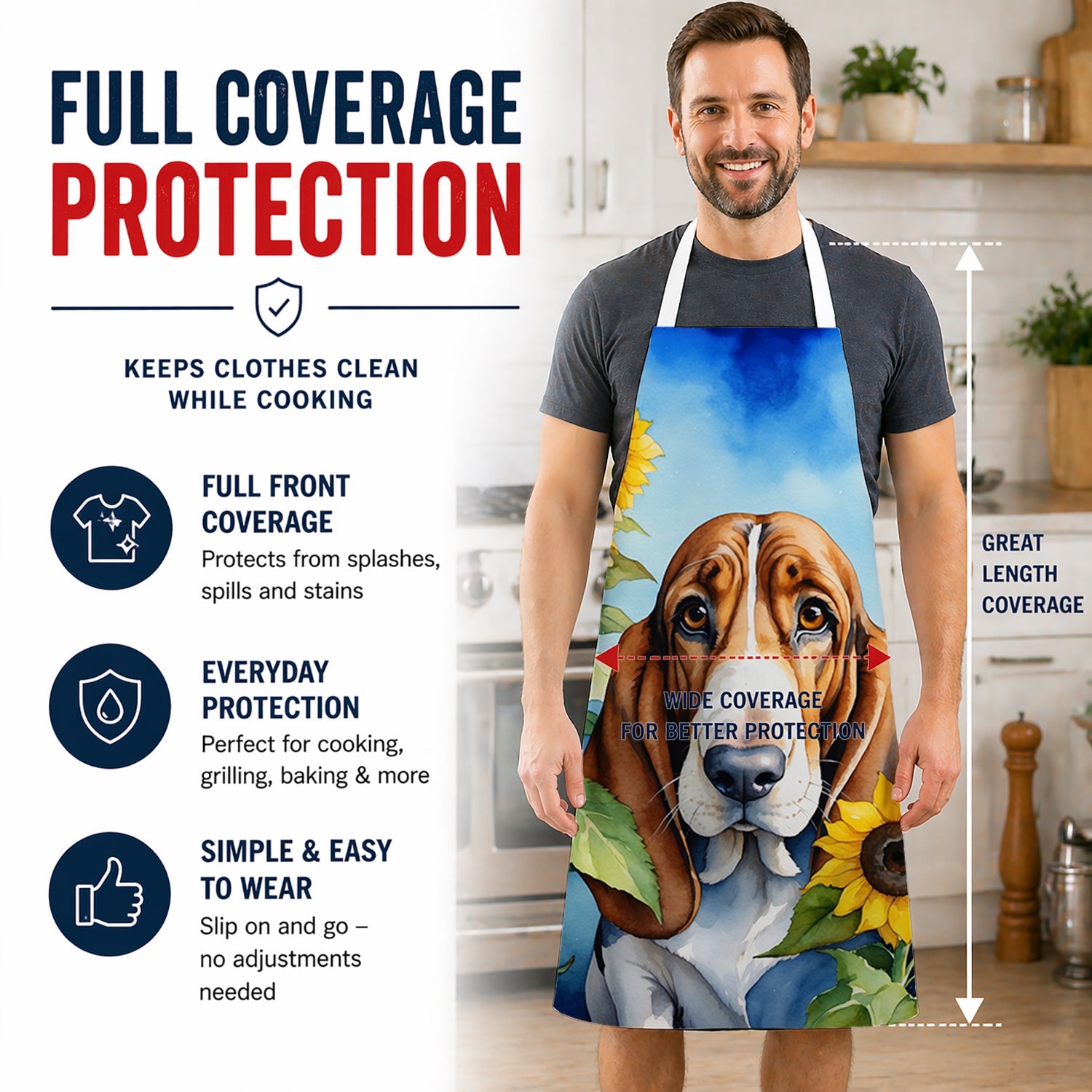 Basset Hound in Sunflowers Apron Cooking Kitchen Server Baking Crafts Gardening for Adult Women Men, Unisex, Large, Multicolor