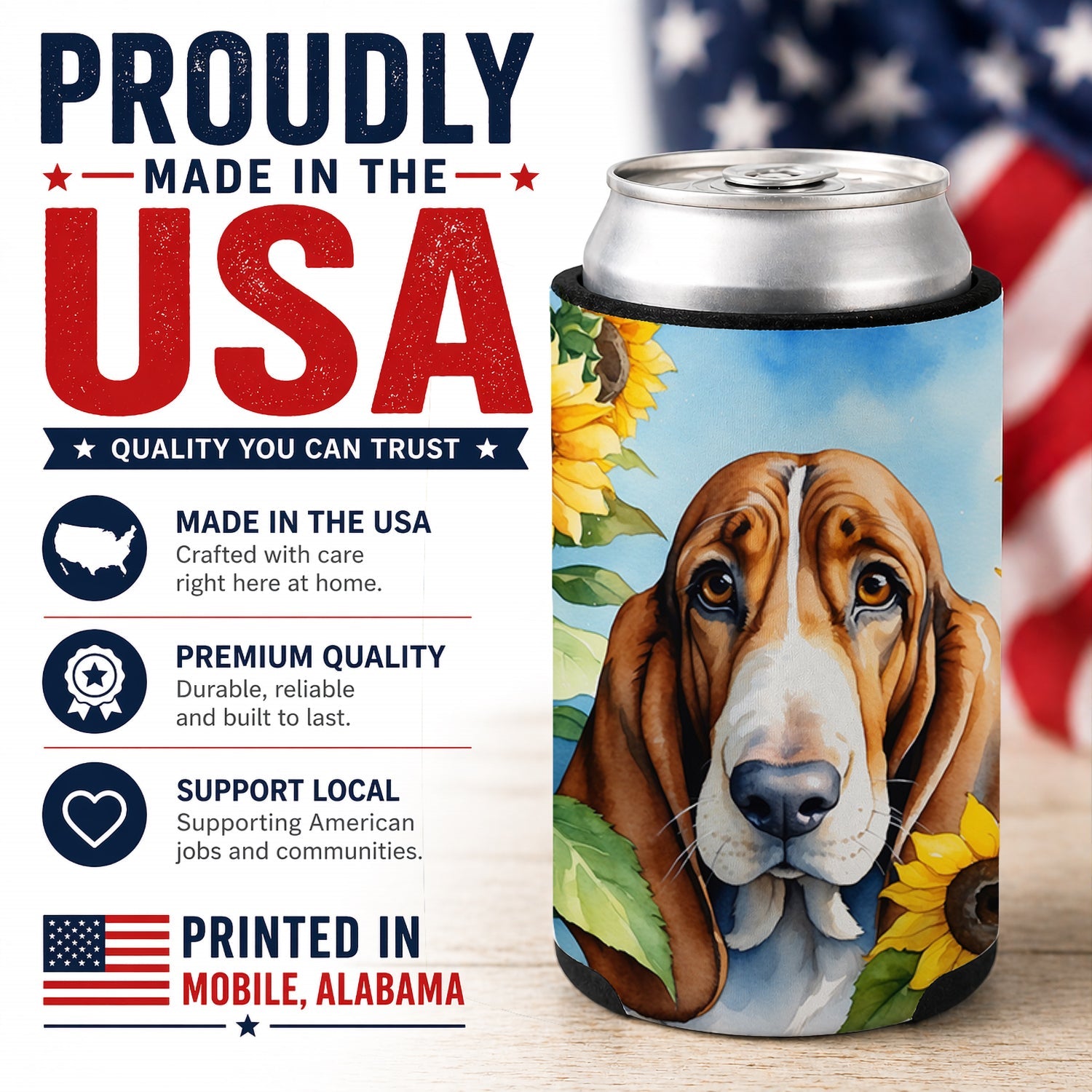 Basset Hound in Sunflowers Can or Bottle Hugger Cooler Sleeve for Standard 12 oz Cans, Insulated Foam Beer & Soda Can Hugger Reusable