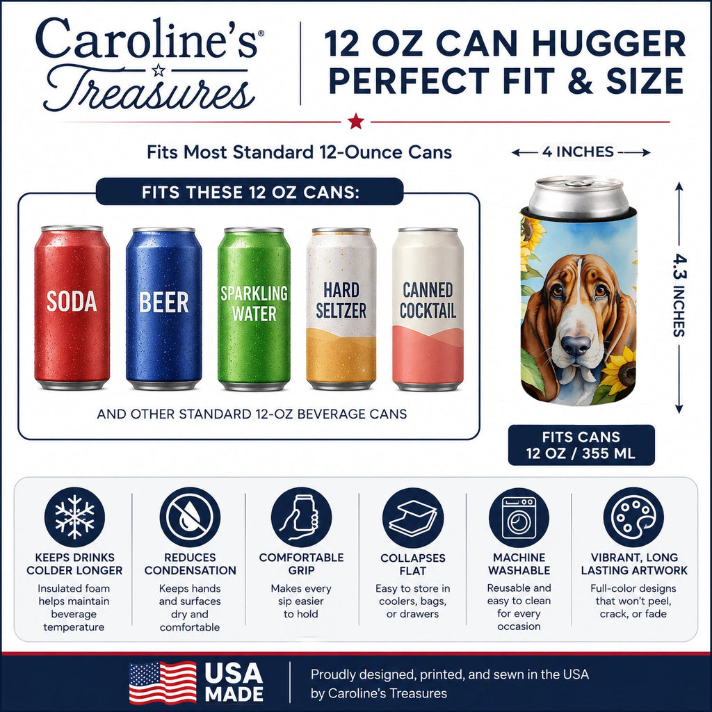 Basset Hound in Sunflowers Can or Bottle Hugger Cooler Sleeve for Standard 12 oz Cans, Insulated Foam Beer & Soda Can Hugger Reusable