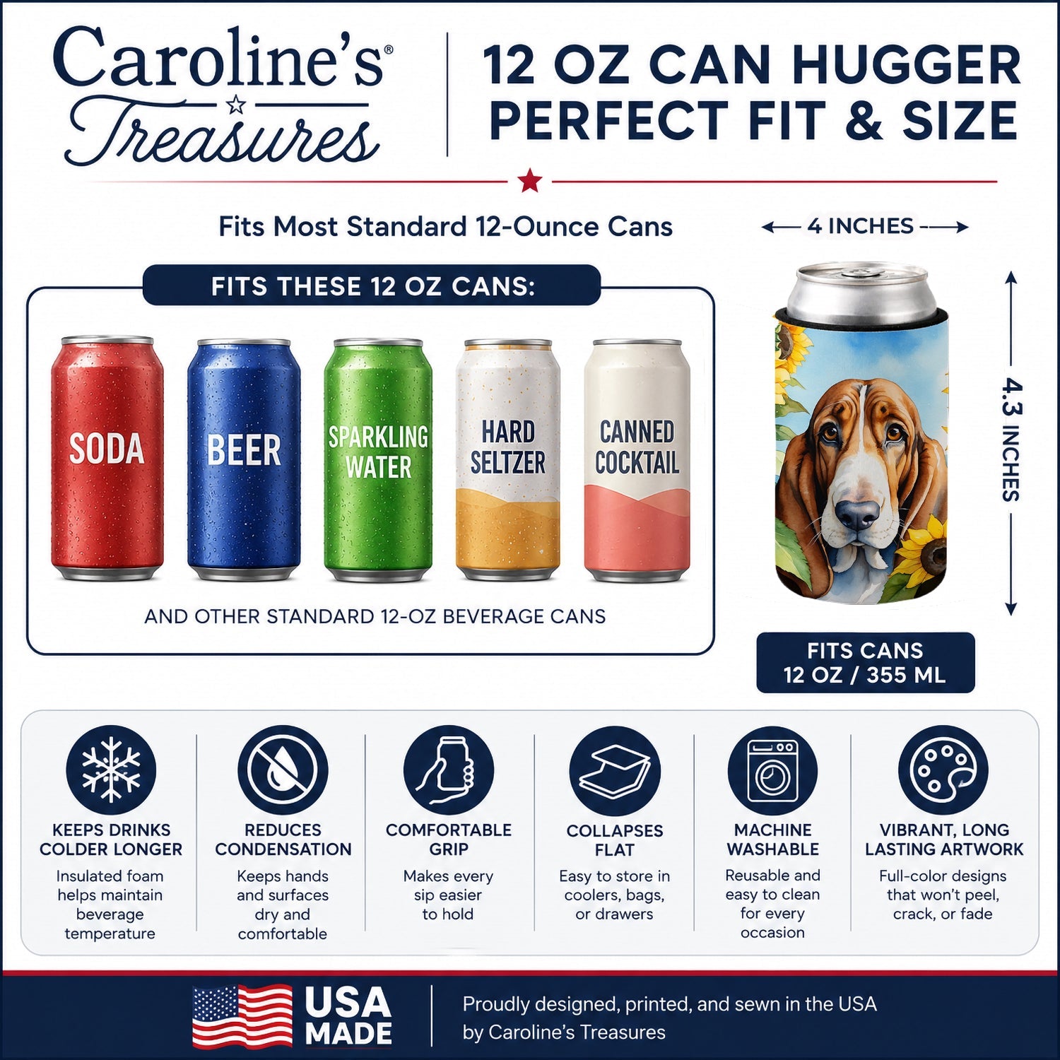 Basset Hound in Sunflowers Can or Bottle Hugger Cooler Sleeve for Standard 12 oz Cans, Insulated Foam Beer & Soda Can Hugger Reusable