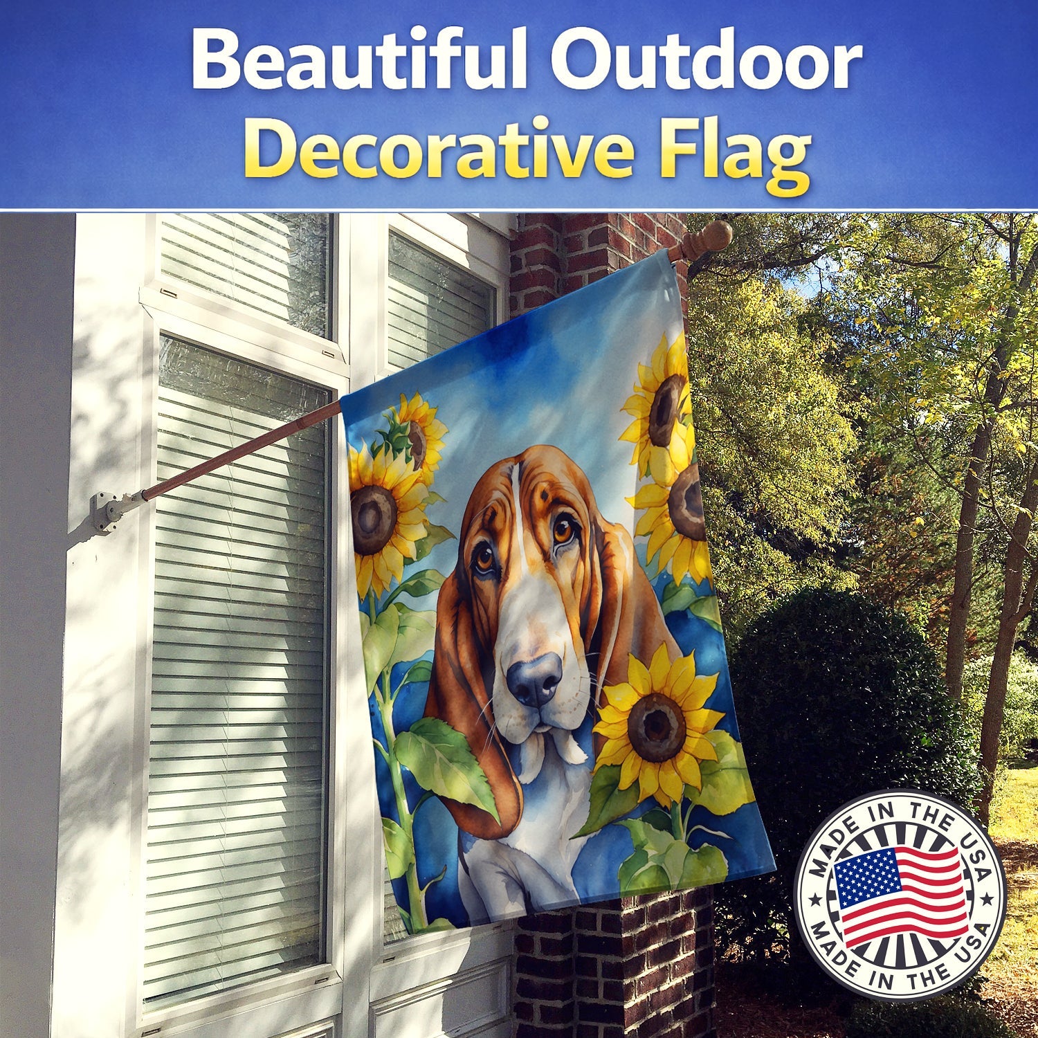 Basset Hound in Sunflowers House Flag 28x40 Porch Sleeve Pole Decorative Outside Yard Banner Artwork Wall Hanging, Polyester