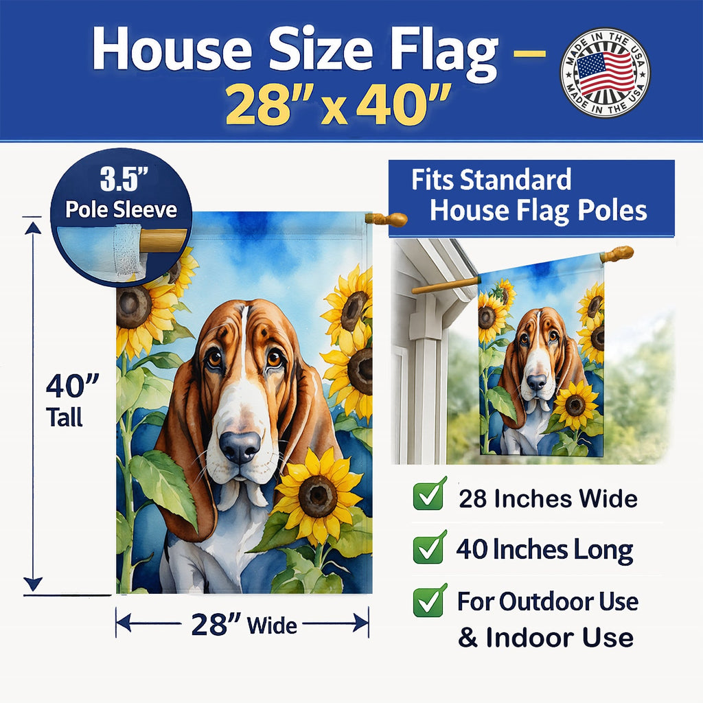 Basset Hound in Sunflowers House Flag 28x40 Porch Sleeve Pole Decorative Outside Yard Banner Artwork Wall Hanging, Polyester