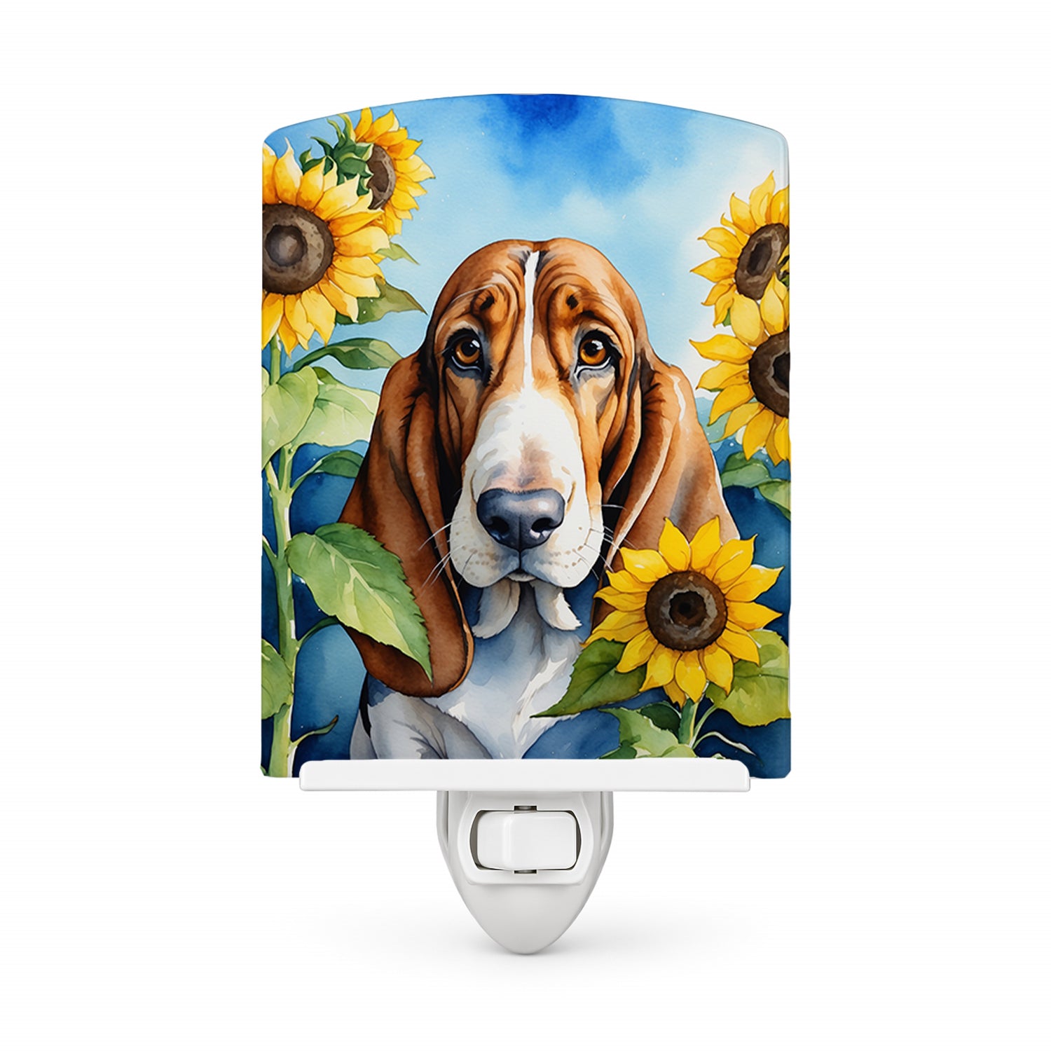 Basset Hound in Sunflowers Ceramic Night Light Compact, UL-Certified, Ideal for Bedroom, Bathroom, Nursery, Hallway, Kitchen, 6x4x3, Multicolor