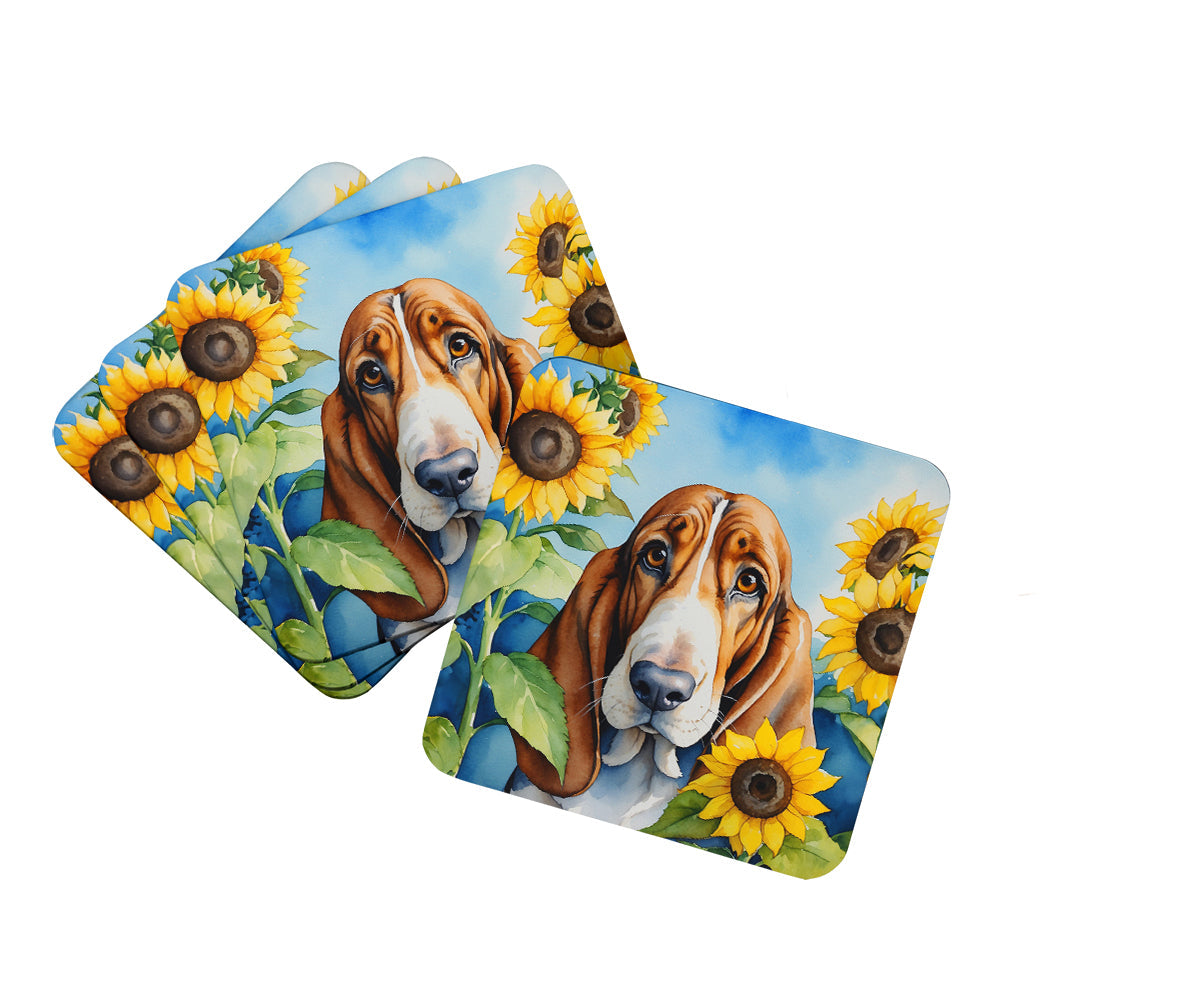 Basset Hound in Sunflowers Foam Coasters Set of 4 Cup Coasters for Indoor Outdoor, Tabletop Protection, Anti Slip, Mouse pad Material