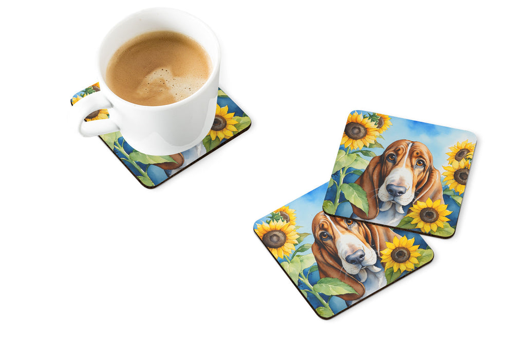 Basset Hound in Sunflowers Foam Coasters Set of 4 Cup Coasters for Indoor Outdoor, Tabletop Protection, Anti Slip, Mouse pad Material