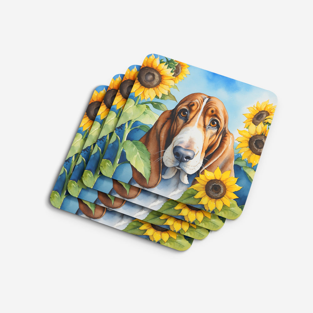 Basset Hound in Sunflowers Foam Coasters Set of 4 Cup Coasters for Indoor Outdoor, Tabletop Protection, Anti Slip, Mouse pad Material