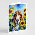 Basset Hound in Sunflowers Greeting Cards Pack of 8 Blank Cards with Envelopes Whimsical A7 Size 5x7