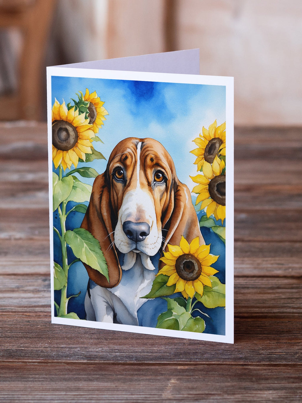 Basset Hound in Sunflowers Greeting Cards Pack of 8 Blank Cards with Envelopes Whimsical A7 Size 5x7